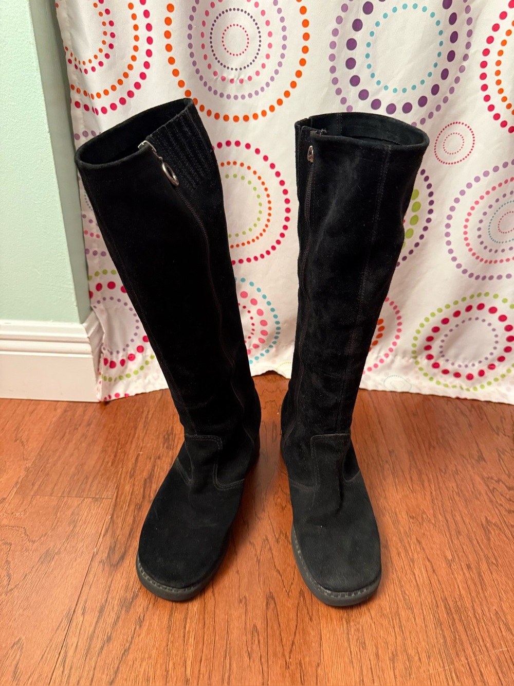 Vtg Zodiac Black Suede Knee High Boots Ribbed Detail Zip Up Size 9.5